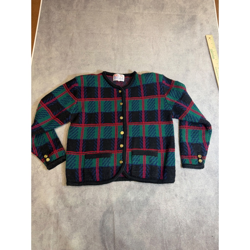 Tally-Ho Creation Vintage Plaid Cardigan Sweater Gold Crest Buttons Green Red M